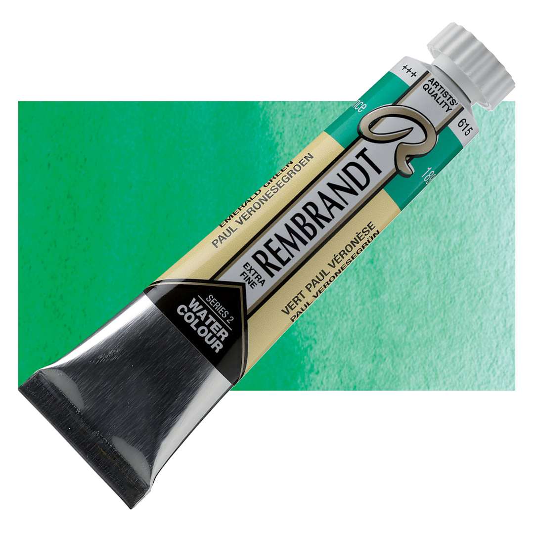 Open in modal - Rembrandt Artist Watercolor - Emerald Green, 20 ml tube and swatch