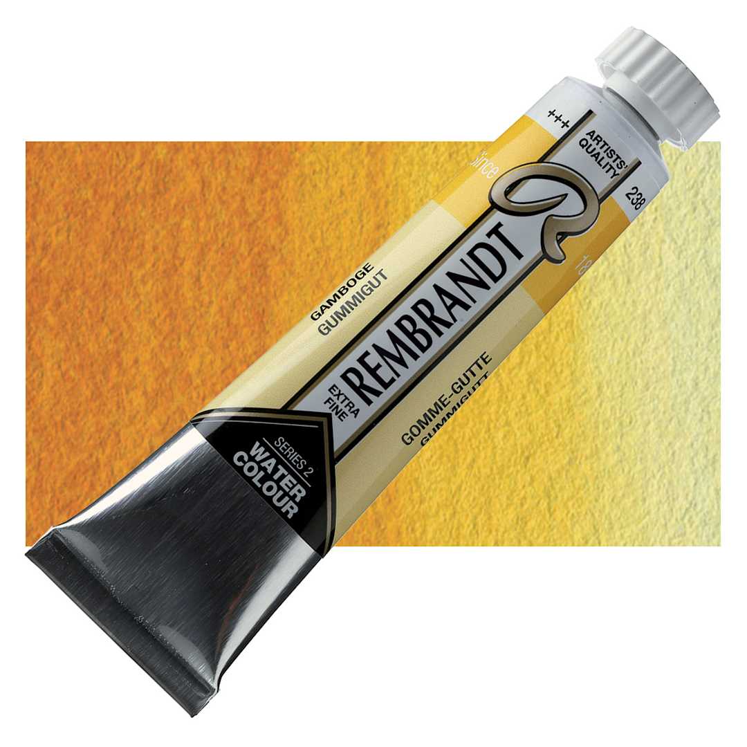 Open in modal - Rembrandt Artist Watercolor - Gamboge, 20 ml tube and swatch