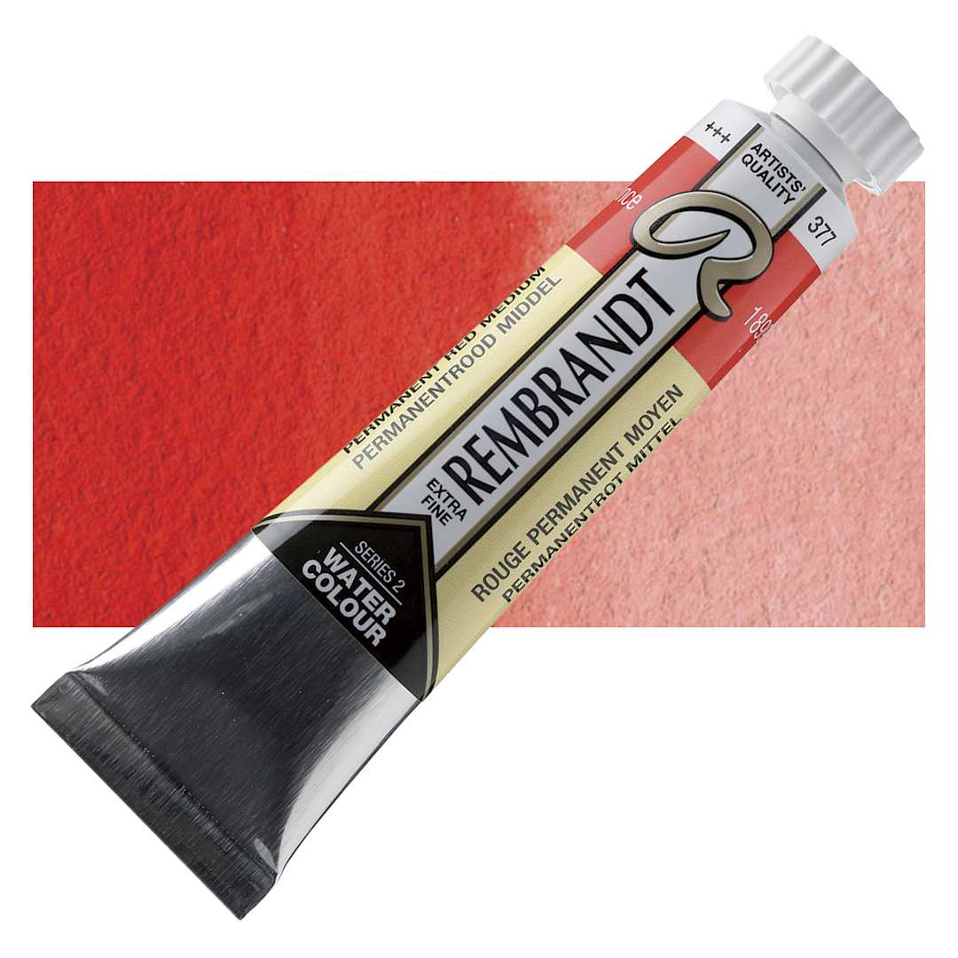 Open in modal - Rembrandt Artist Watercolor - Permanent Red Medium, 20 ml tube and swatch