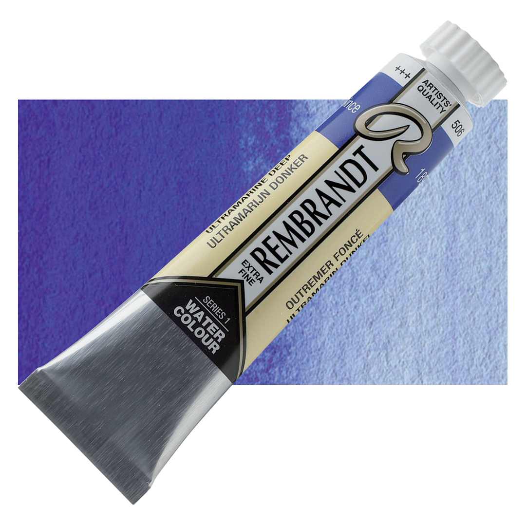 Open in modal - Rembrandt Artist Watercolor - Ultramarine Deep, 20 ml tube and swatch