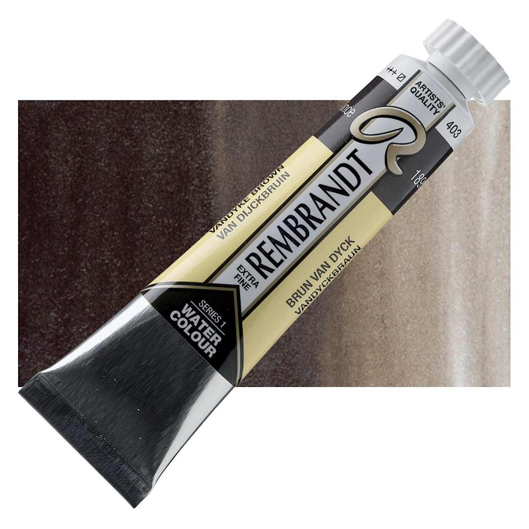 Open in modal - Rembrandt Artist Watercolor - Van Dyke Brown, 20 ml tube and swatch