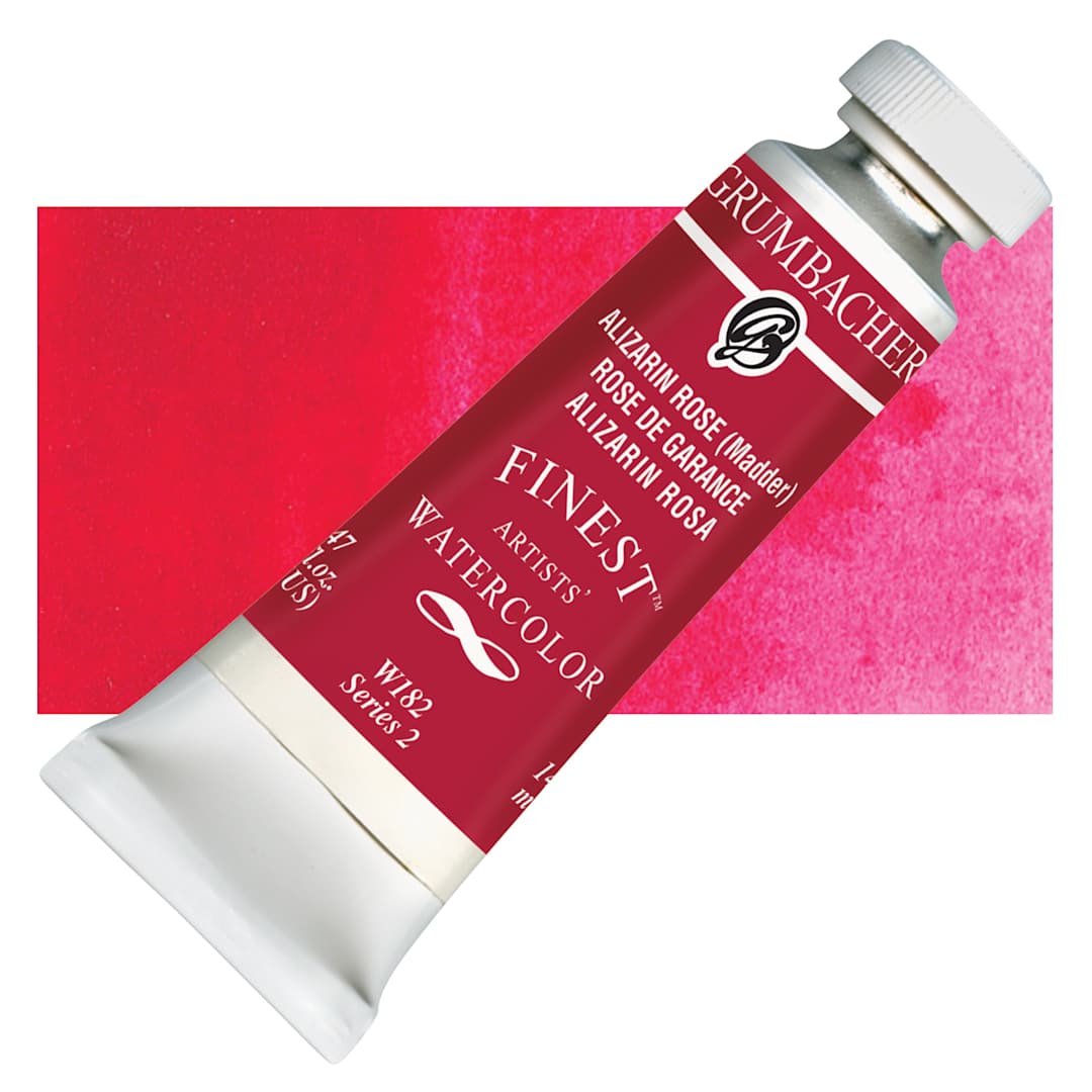 Open in modal - Grumbacher Finest Artists' Watercolor - Alizarin Rose, 14 ml tube and swatch