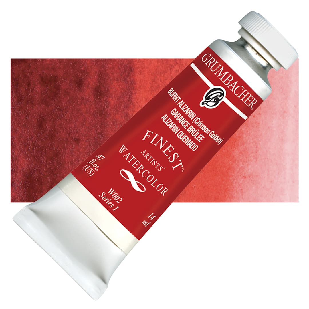 Open in modal - Grumbacher Finest Artists' Watercolor - Burnt Alizarin, 14 ml tube and swatch