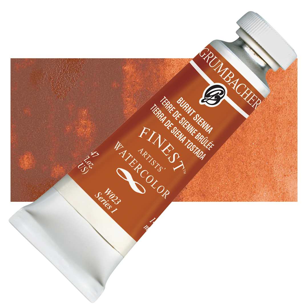 Open in modal - Grumbacher Finest Artists' Watercolor - Burnt Sienna, 14 ml tube and swatch