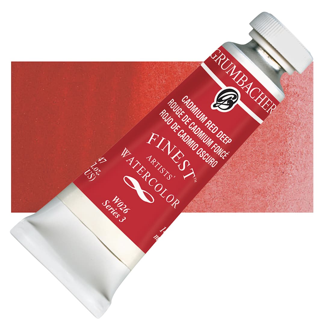 Open in modal - Grumbacher Finest Artists' Watercolor - Cadmium Red Deep, 14 ml tube and swatch