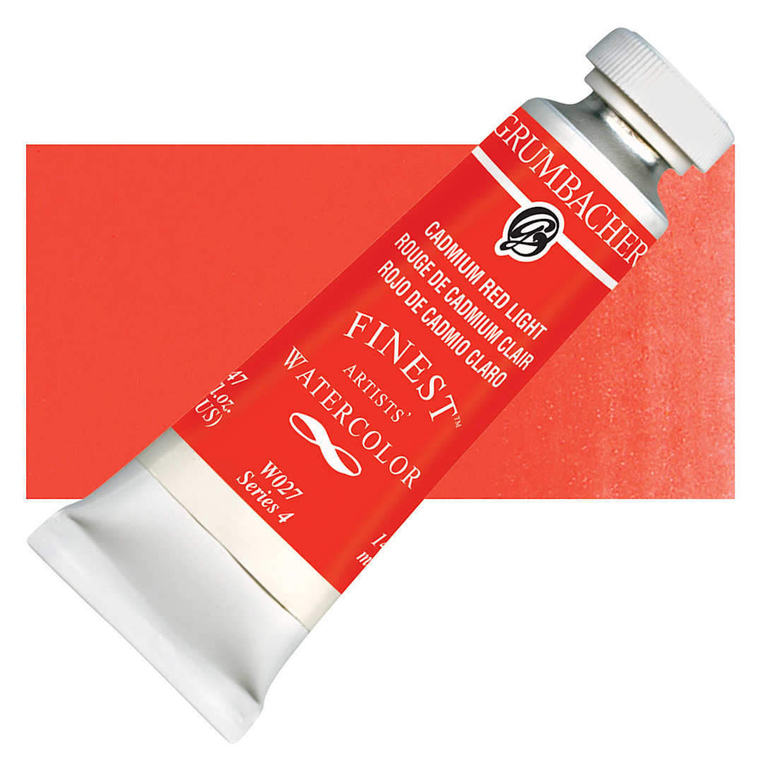 Open in modal - Grumbacher Finest Artists' Watercolor - Cadmium Red Light, 14 ml tube and swatch