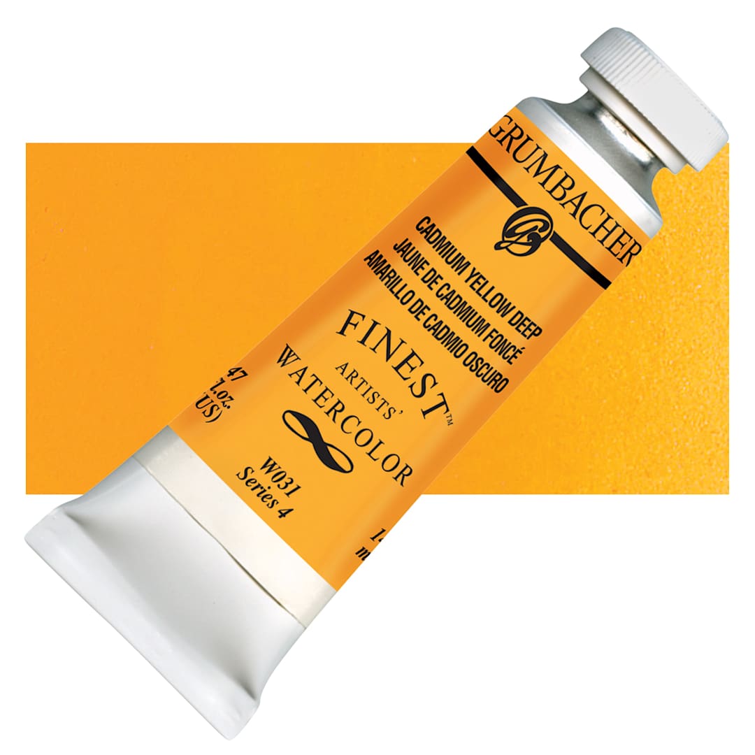 Open in modal - Grumbacher Finest Artists' Watercolor - Cadmium Yellow Deep, 14 ml tube and swatch