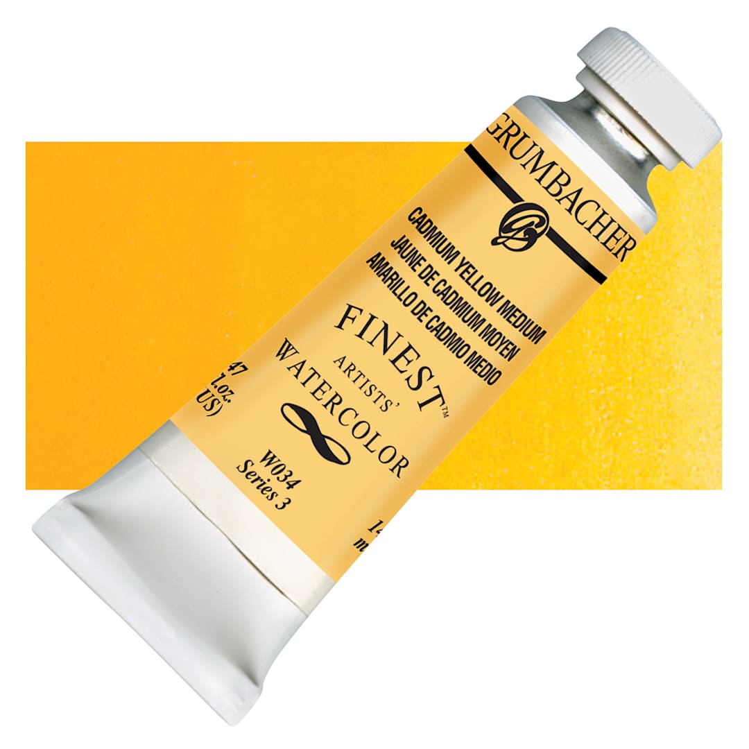 Open in modal - Grumbacher Finest Artists' Watercolor - Cadmium Yellow Medium, 14 ml tube and swatch