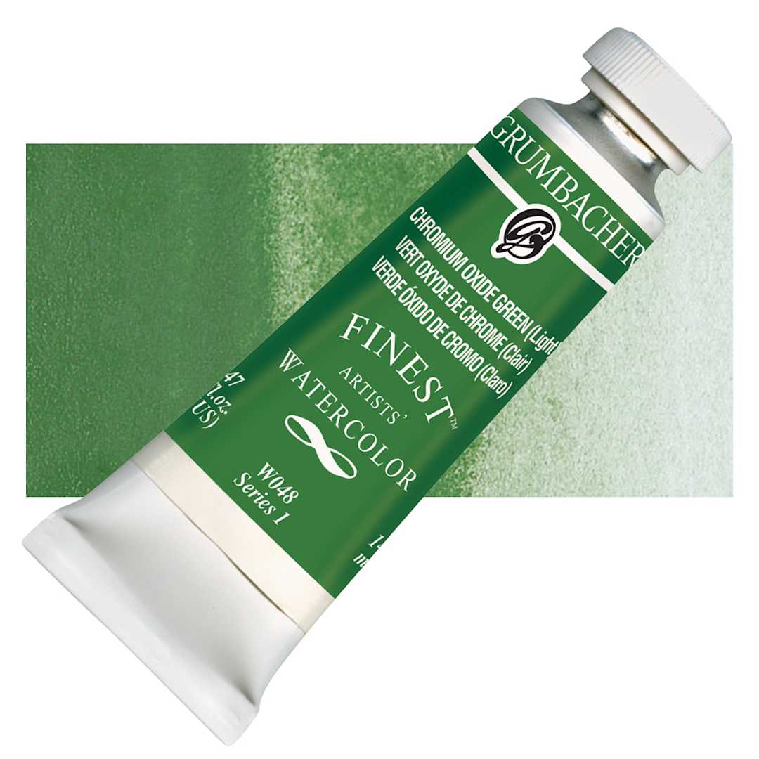 Open in modal - Grumbacher Finest Artists' Watercolor - Chromium Oxide Green, 14 ml tube and swatch