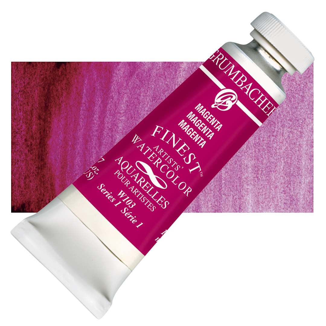 Open in modal - Grumbacher Finest Artists' Watercolor - Magenta, 14 ml tube and swatch