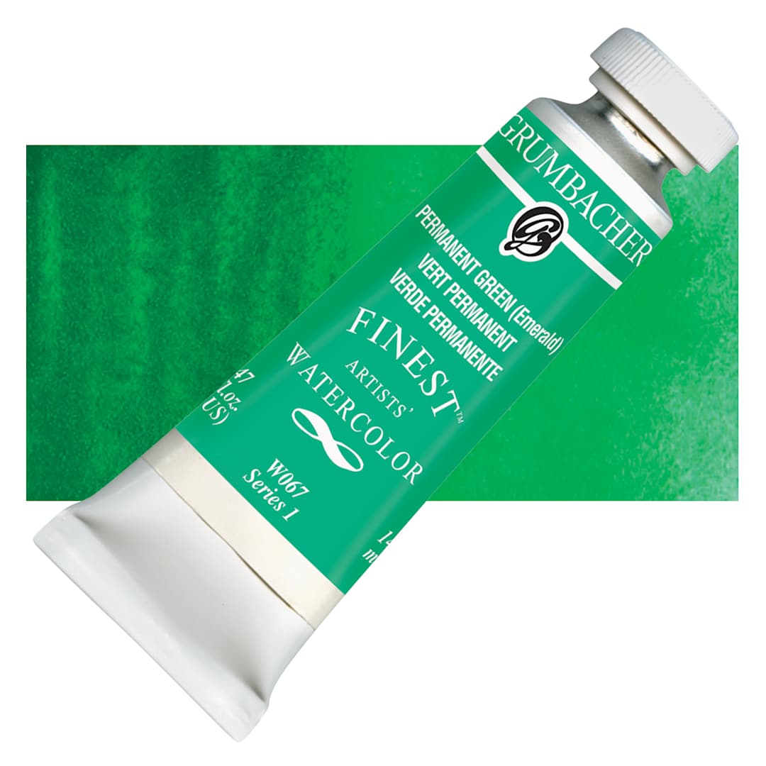 Open in modal - Grumbacher Finest Artists' Watercolor - Permanent Green, 14 ml tube and swatch