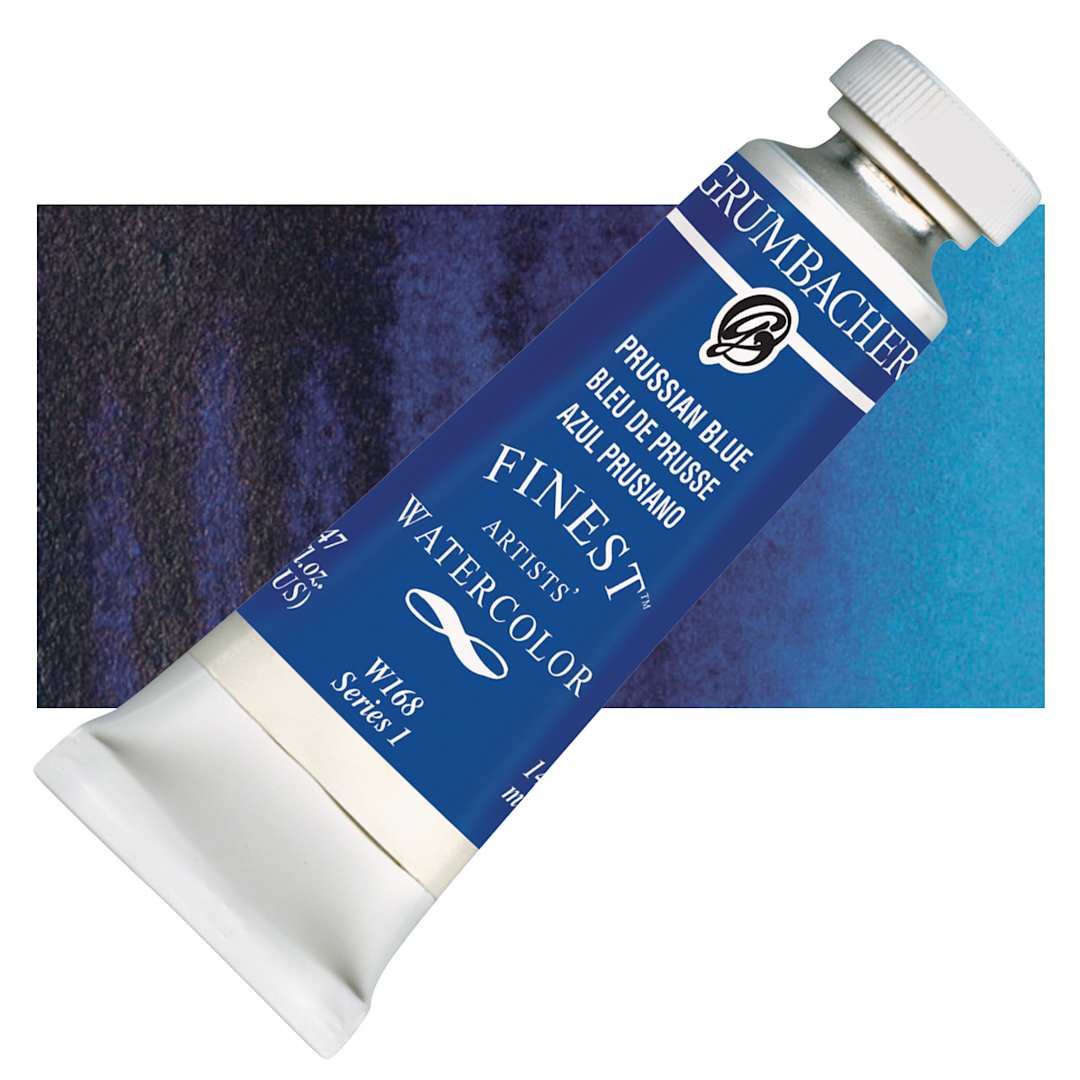 Open in modal - Grumbacher Finest Artists' Watercolor - Prussian Blue, 14 ml tube and swatch