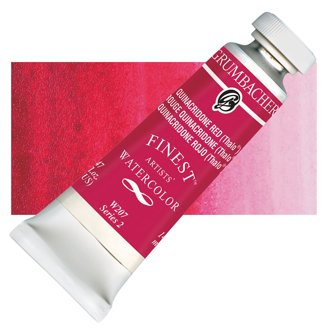 Open in modal - Grumbacher Finest Artists' Watercolor - Quinacridone Red, 14 ml tube and swatch