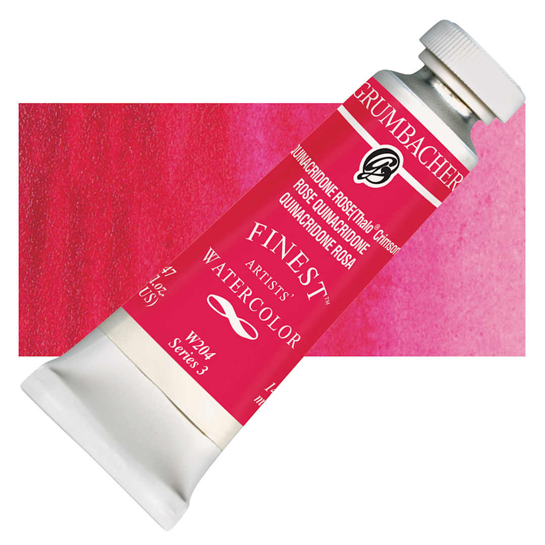 Open in modal - Grumbacher Finest Artists' Watercolor - Quinacridone Rose, 14 ml tube and swatch