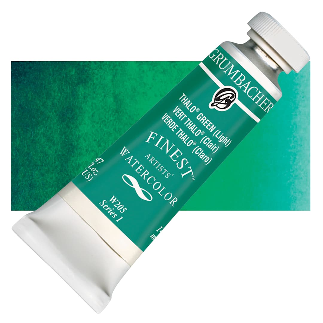 Open in modal - Grumbacher Finest Artists' Watercolor - Thalo Green, 14 ml tube and swatch