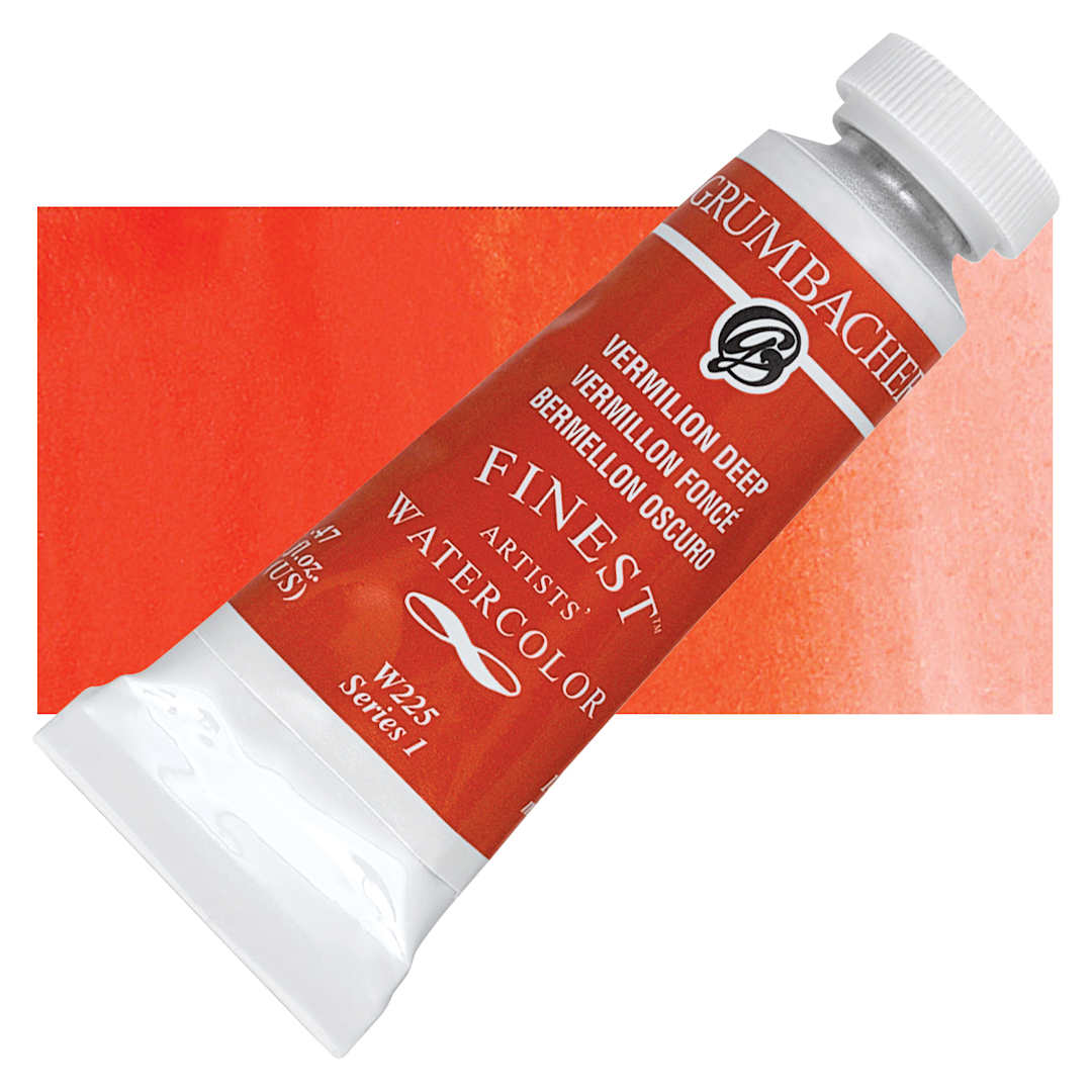 Open in modal - Grumbacher Finest Artists' Watercolor - Vermilion Deep, 14 ml tube and swatch
