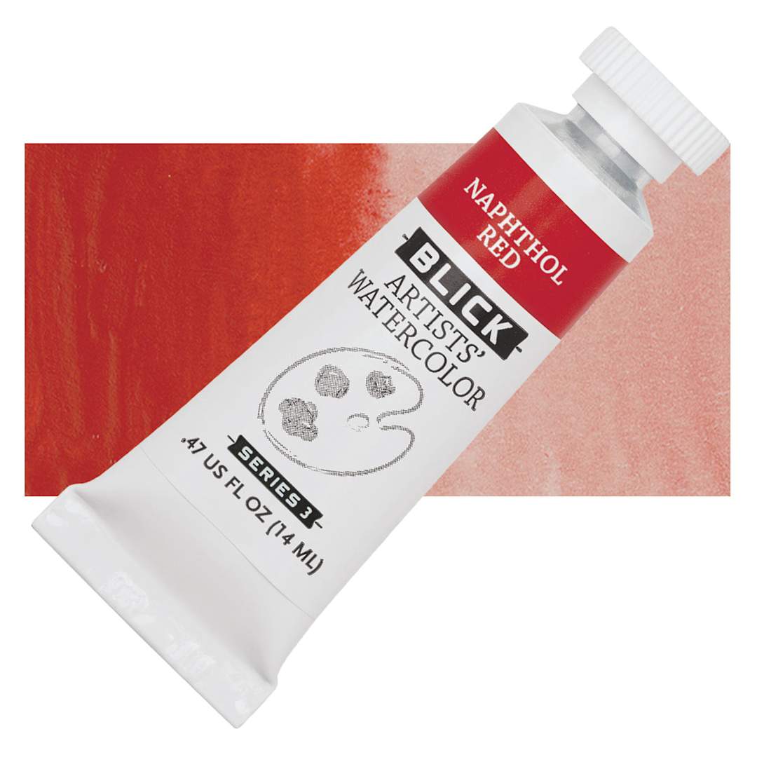 Open in modal - Blick Artists' Watercolor - Naphthol Red, 14 ml tube and swatch