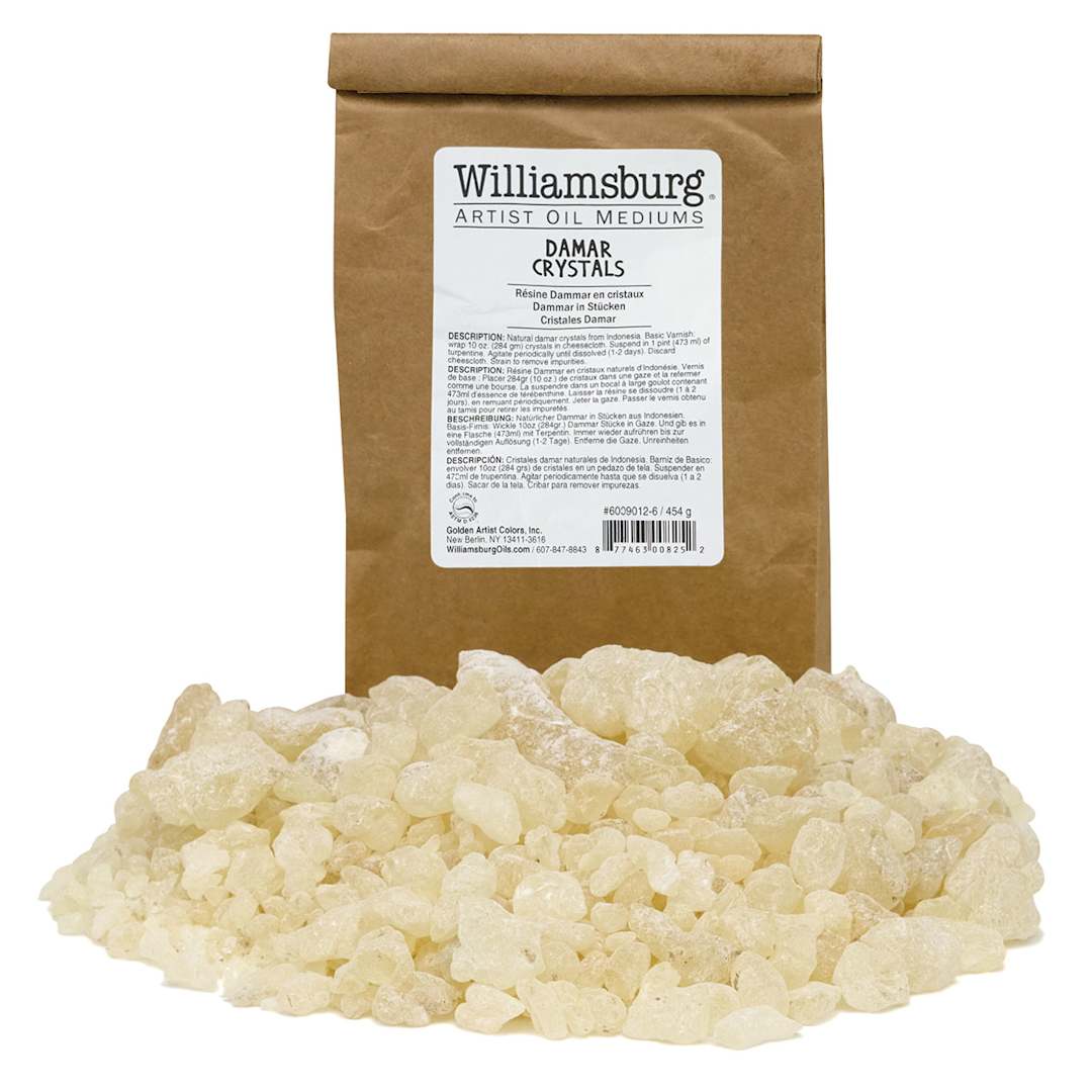 Open in modal - Williamsburg Damar Crystals - Pile of Crystals shown in front of package
