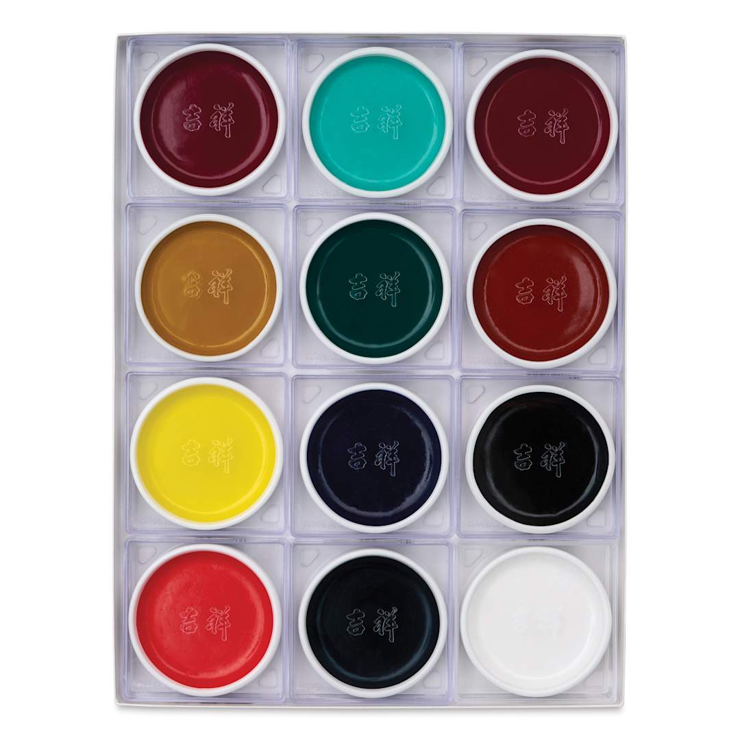 Open in modal - Yasutomo Traditional Japanese Watercolor Pans - Set of 12, Round Pans, Assorted