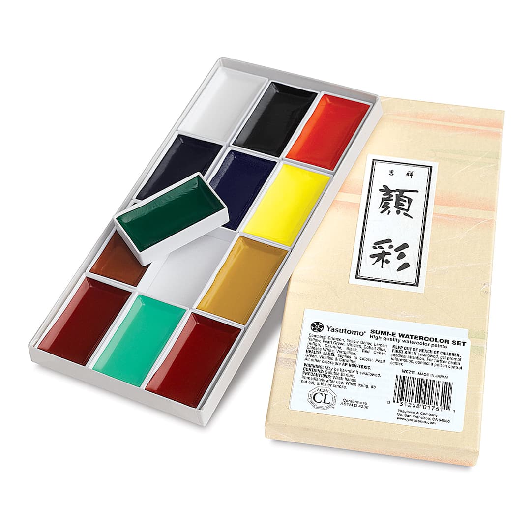 Open in modal - Yasutomo Traditional Japanese Watercolor Pans - Set of 12, Traditional Colors front of package