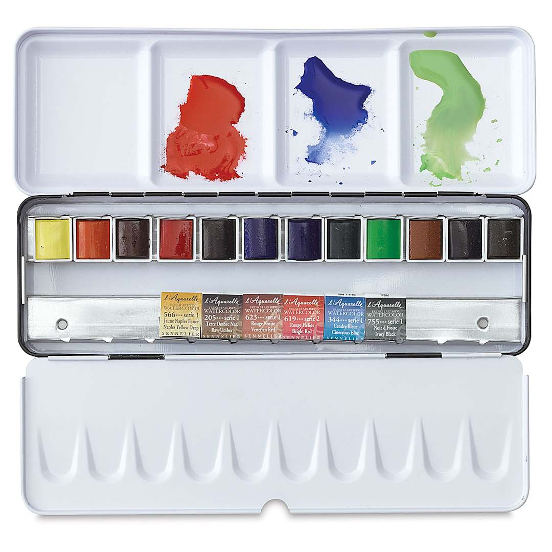 Open in modal - Sennelier French Artists' Watercolors, Half Pan Metal Case, Set of 12 (plus 6 FREE!)