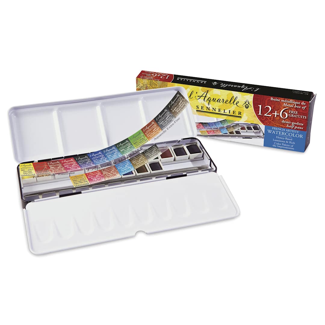 Open in modal - Sennelier French Artists' Watercolors - Set of 12 Plus 6 Free, Metal Case, Half Pans, contents with packaging