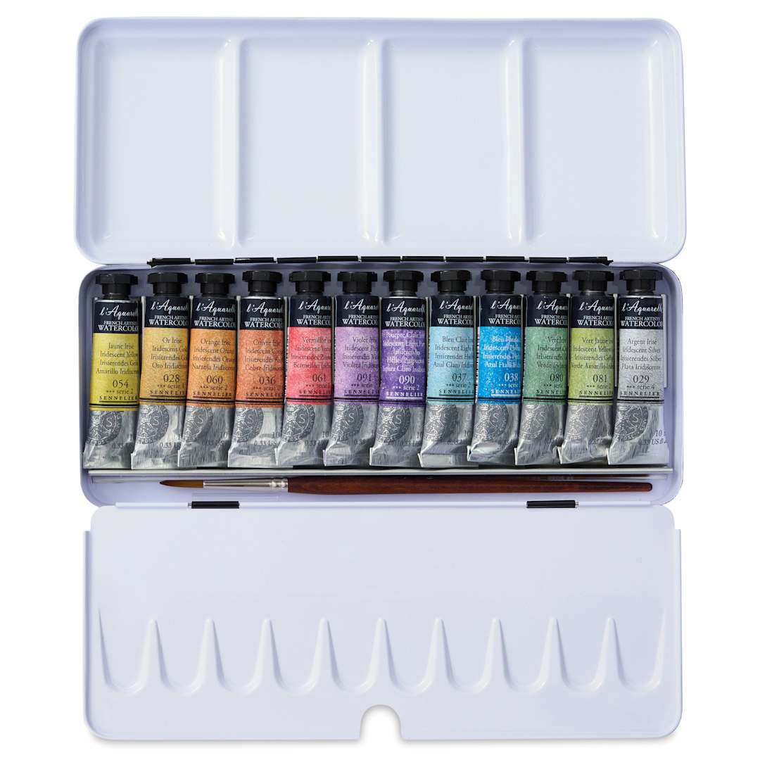 Open in modal - Sennelier French Artists' Watercolor Set - Iridescent, Metal Case, Set of 12 colors, 10 ml tubes (tin open to show contents)