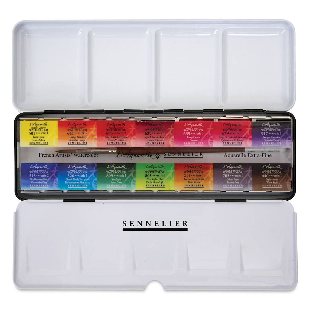 Open in modal - Sennelier French Artists' Watercolors - Set of 14, Metal Case, Full Pans with Precision Brush