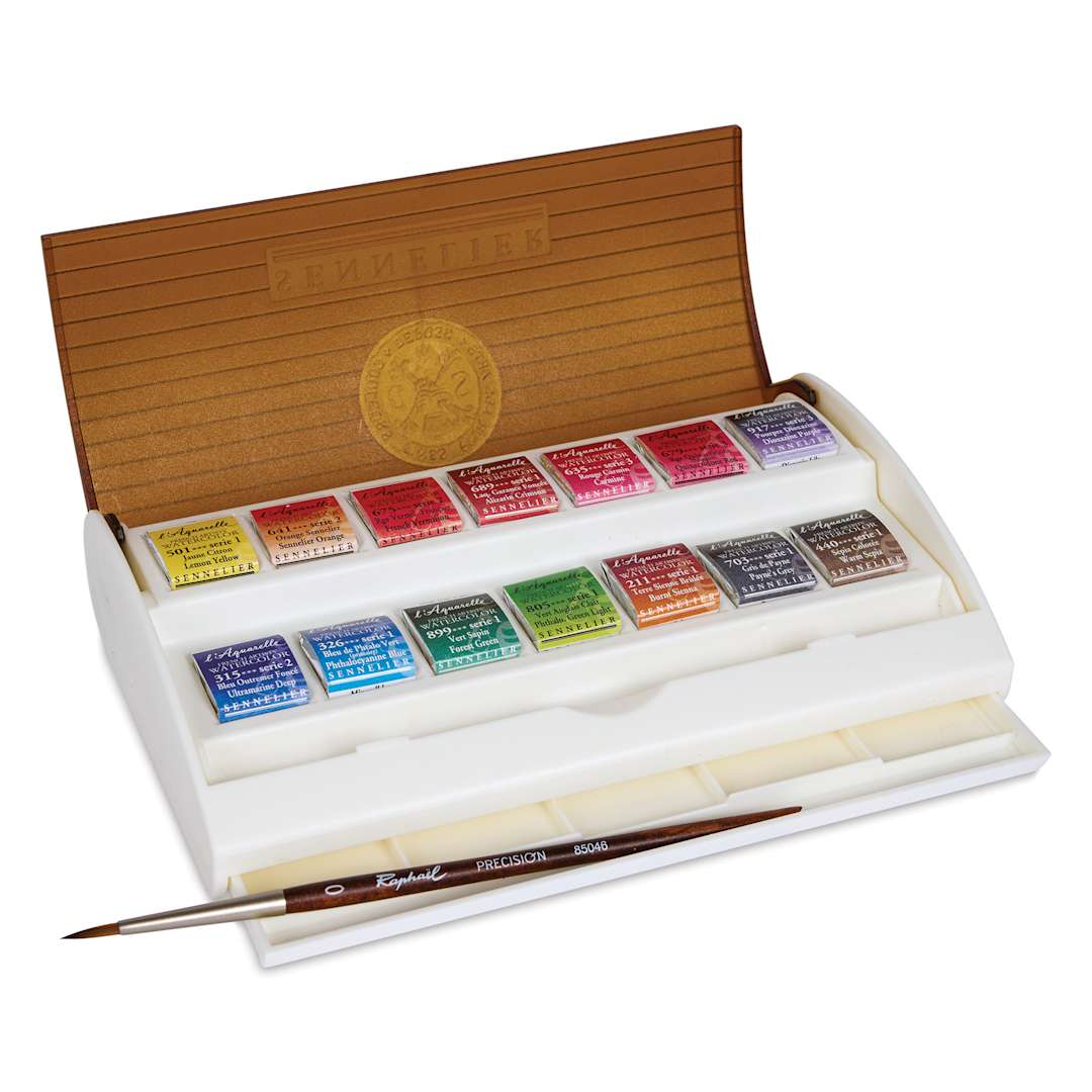 Open in modal - Sennelier French Artists' Watercolor Set, 14-Color Half Pan Plastic Travel Set