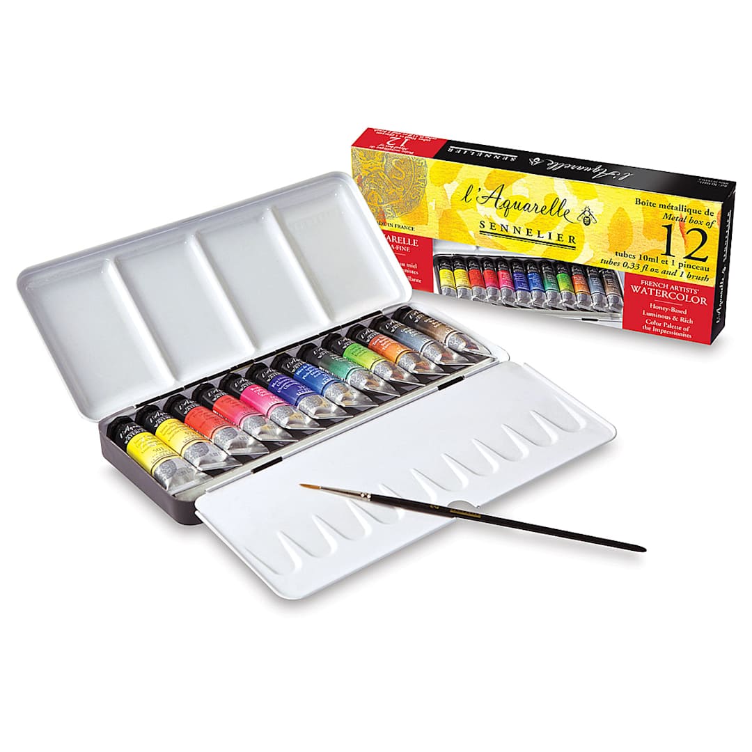 Open in modal - Sennelier French Artists' Watercolor Set - Metal Case, Set of 12 tubes and package