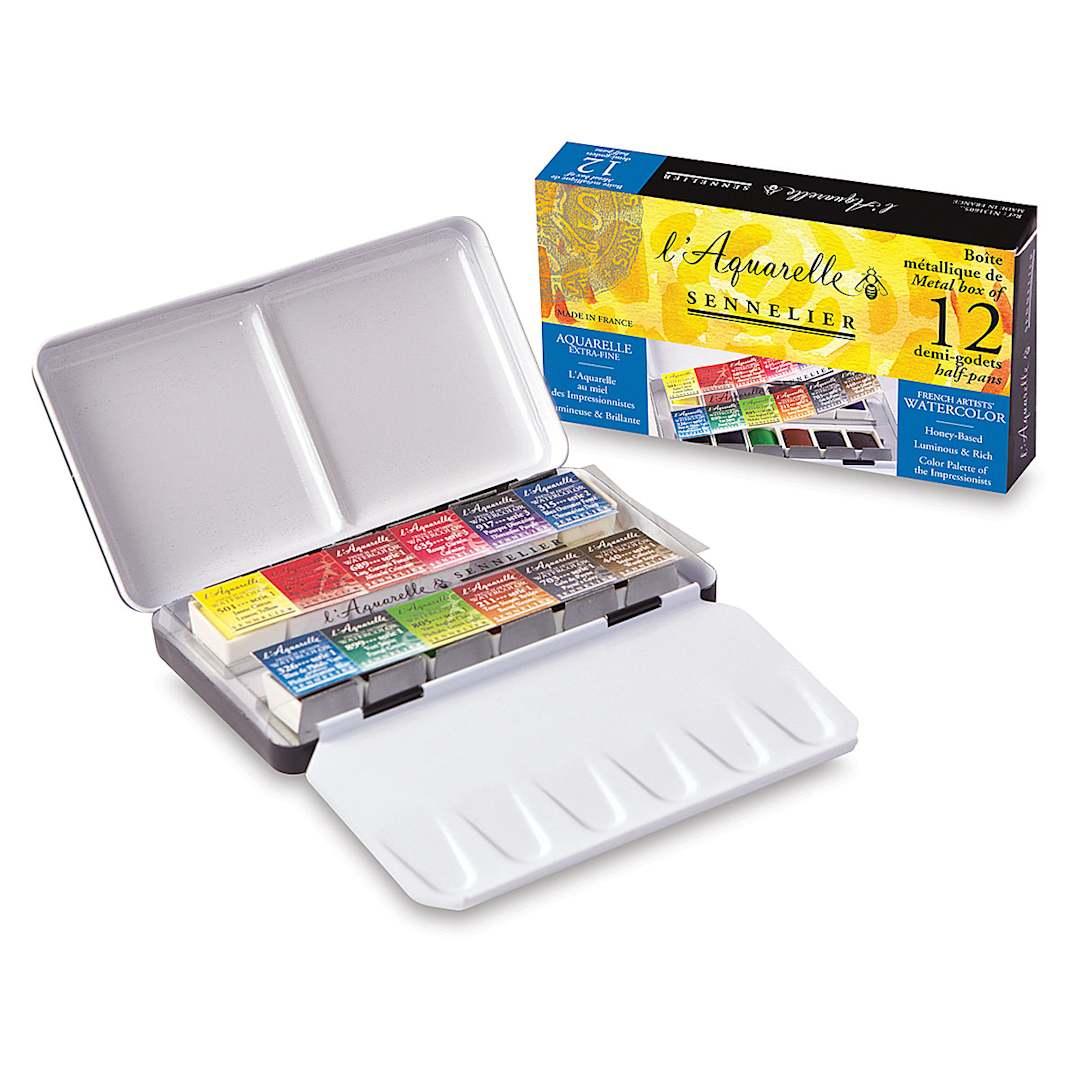 Open in modal - Sennelier French Artists' Watercolor Set - Metal Pocket Box Set of 12 colors and package