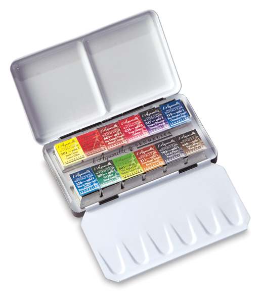 Open in modal - Sennelier French Artists' Watercolor Set - Metal Pocket Box, Set of 12 colors, half pans
