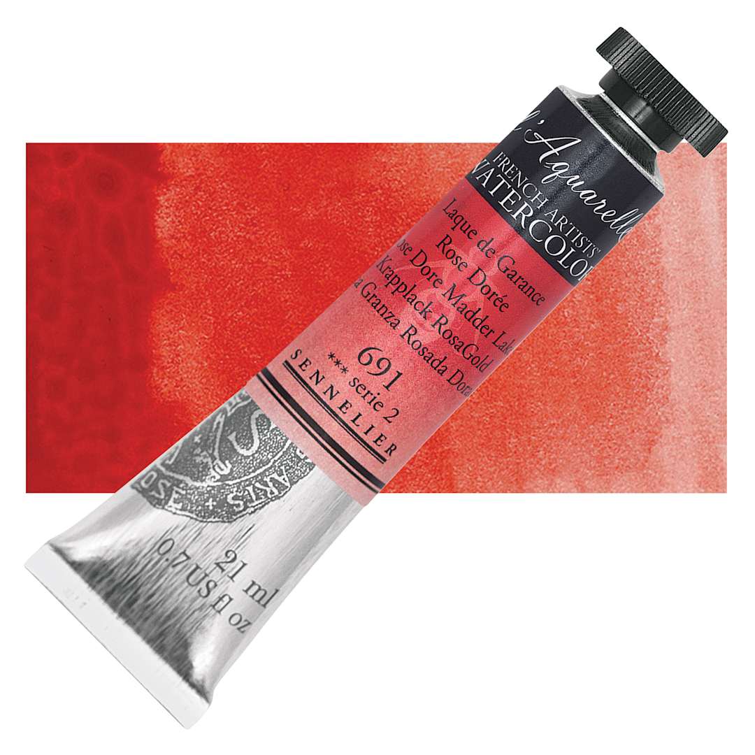 Open in modal - Sennelier French Artists' Watercolor - Rose Dore Madder Lake, 21 ml, Tube and swatch