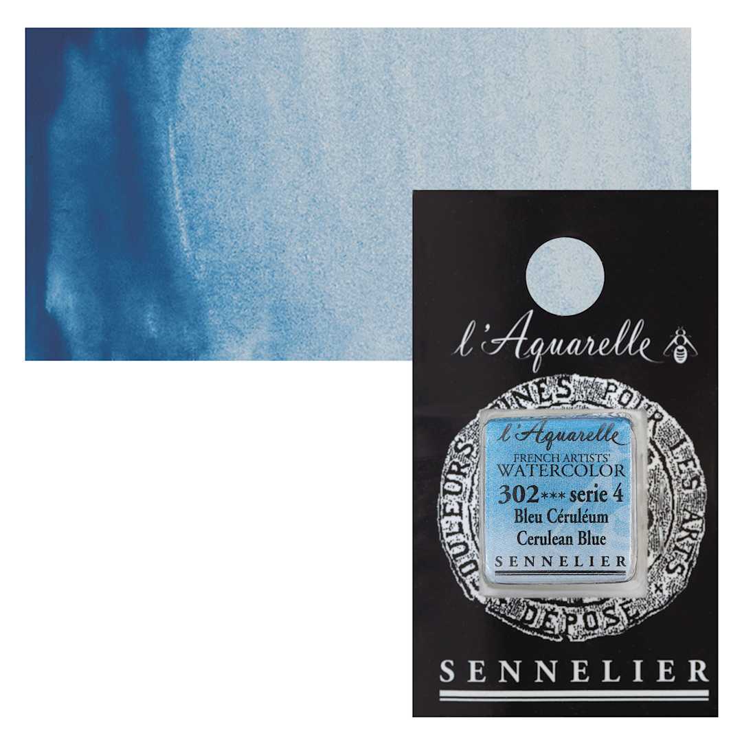 Open in modal - Sennelier French Artists' Watercolor - Cerulean Blue, Half Pan and swatch
