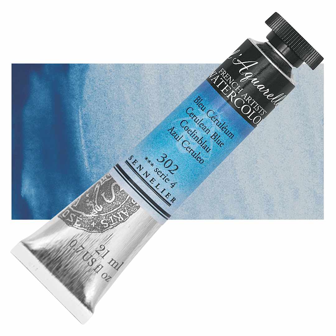 Open in modal - Sennelier French Artists' Watercolor - Cerulean Blue, 21 ml, Tube and swatch