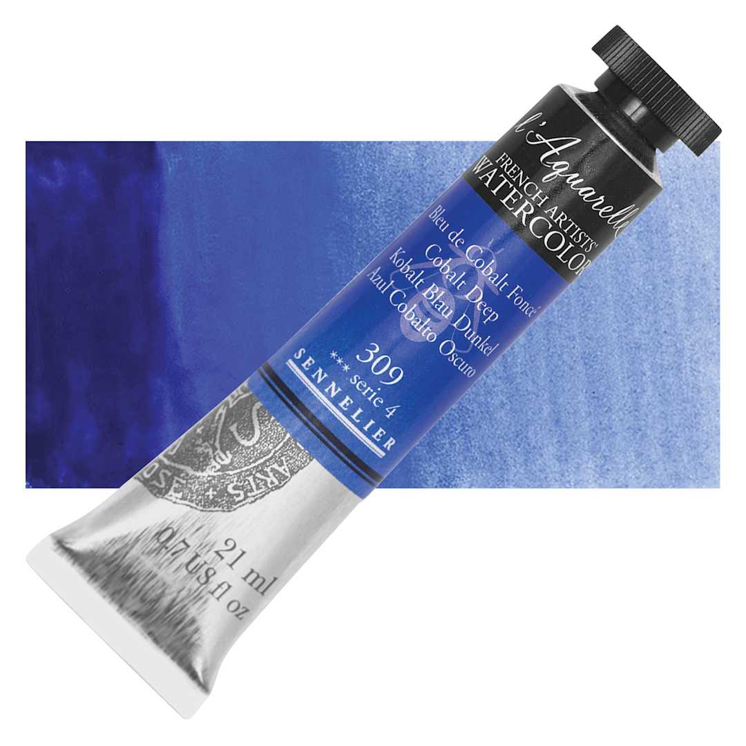 Open in modal - Sennelier French Artists' Watercolor - Cobalt Deep, 21 ml, Tube and swatch