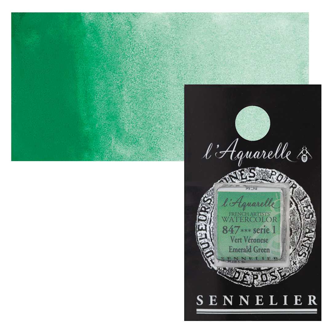 Open in modal - Sennelier French Artists' Watercolor - Emerald Green, Half Pan and swatch