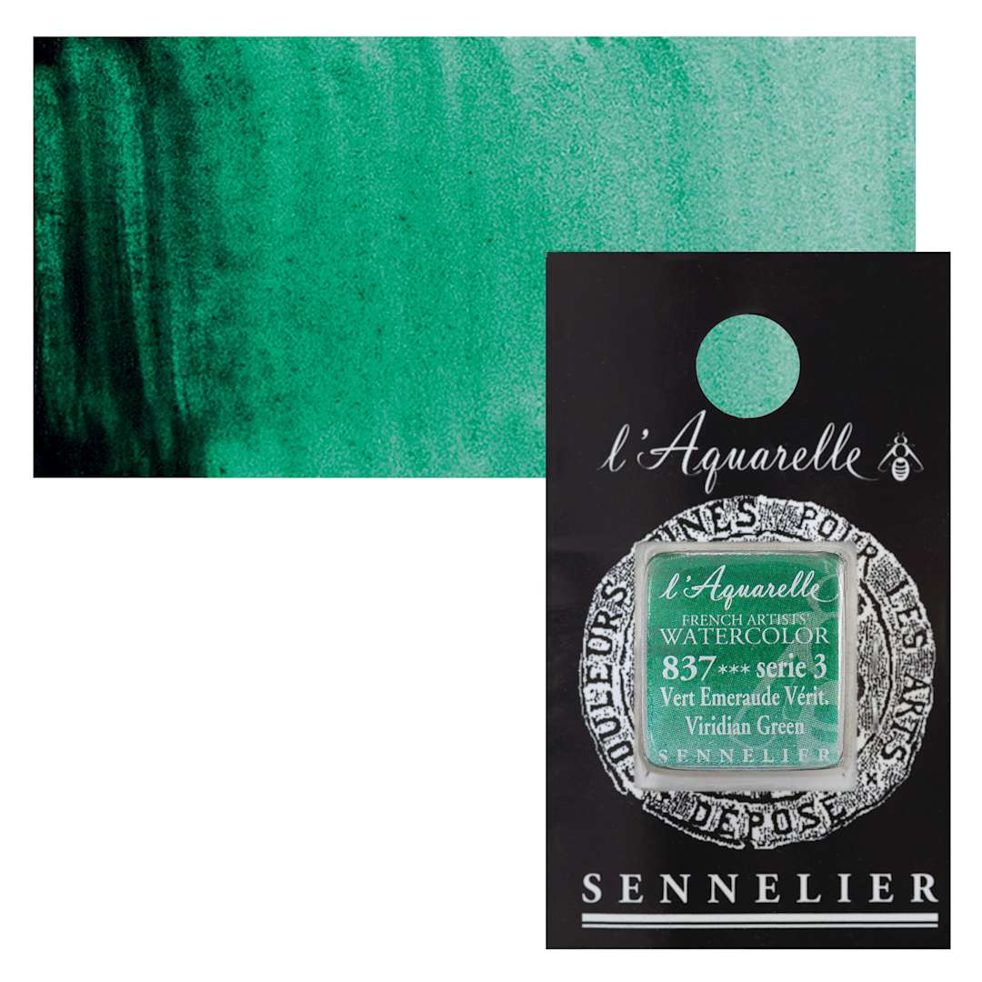 Open in modal - Sennelier French Artists' Watercolor - Viridian Green, Half Pan and swatch