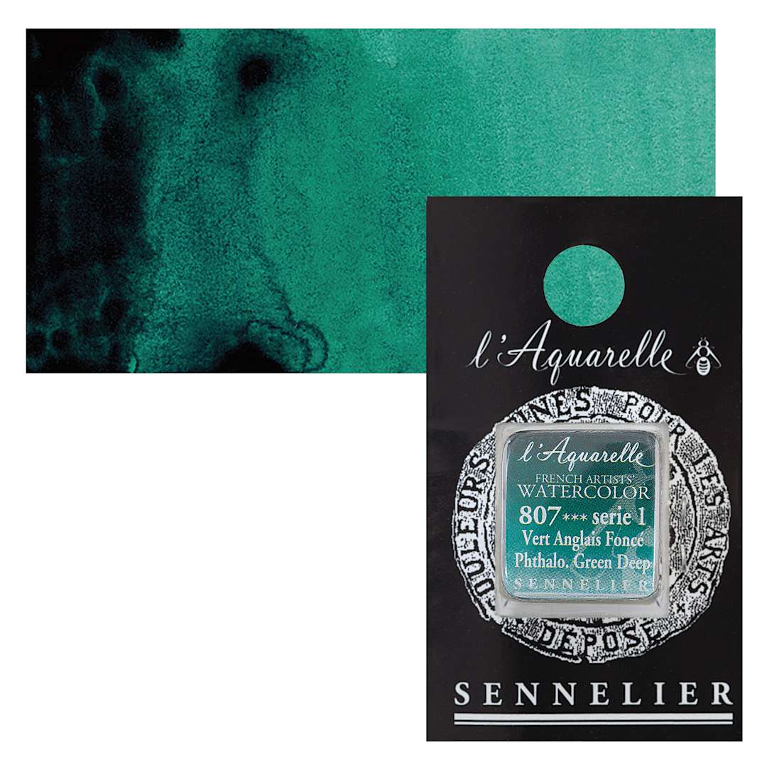 Open in modal - Sennelier French Artists' Watercolor - Phthalo Green Deep, half pan and swatch