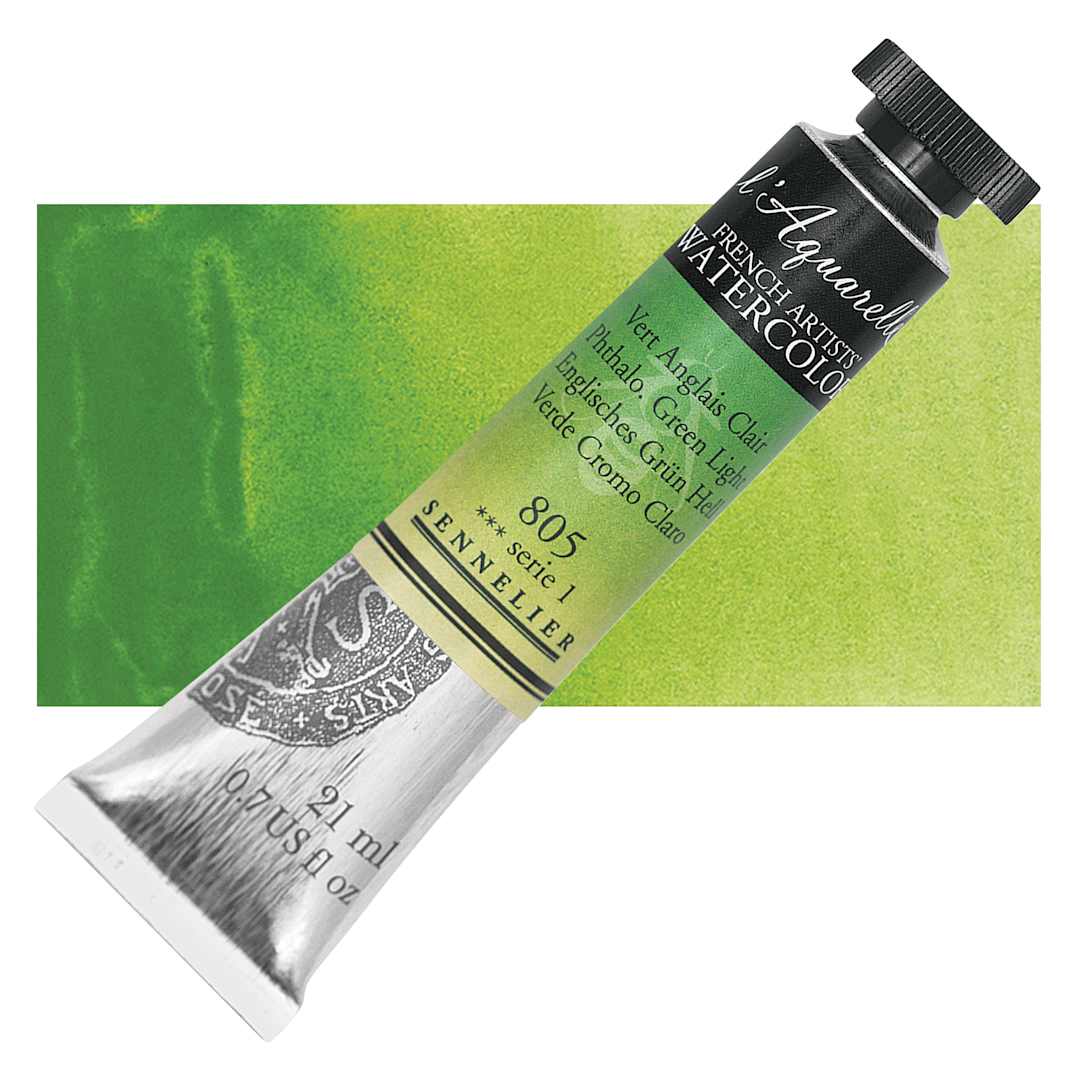 Open in modal - Sennelier French Artists' Watercolor - Phthalo Green Light, 21 ml, Tube and swatch