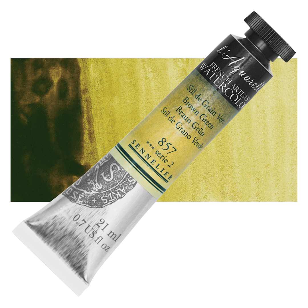 Open in modal - Sennelier French Artists' Watercolor - Brown Green, 21 ml, Tube and swatch