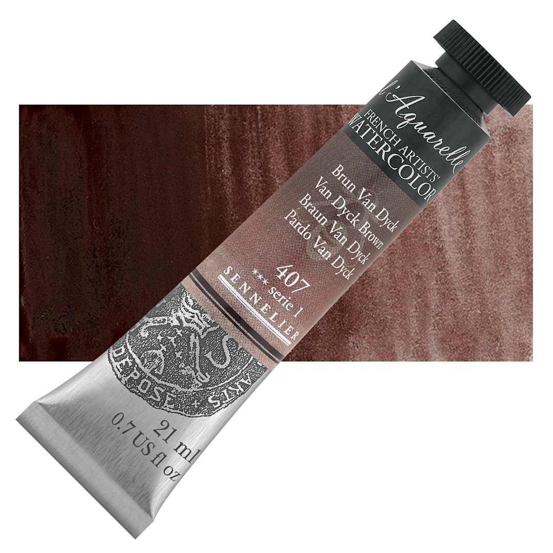 Open in modal - Sennelier French Artists' Watercolor - Van Dyck Brown, 21 ml Tube and swatch