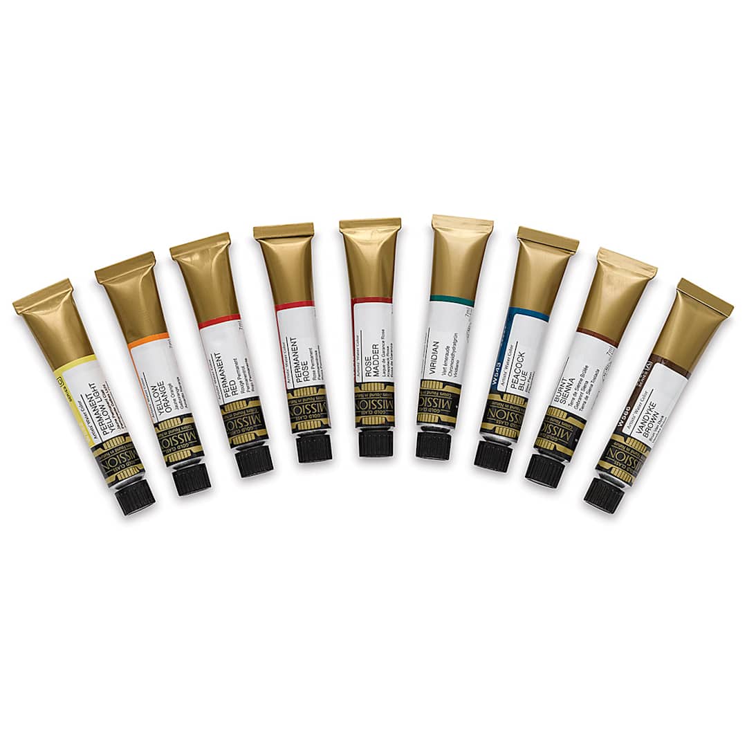 Open in modal - Mijello Mission Gold Watercolors - Introductory Set, Set of 9 colors, 7 ml tubes, contents