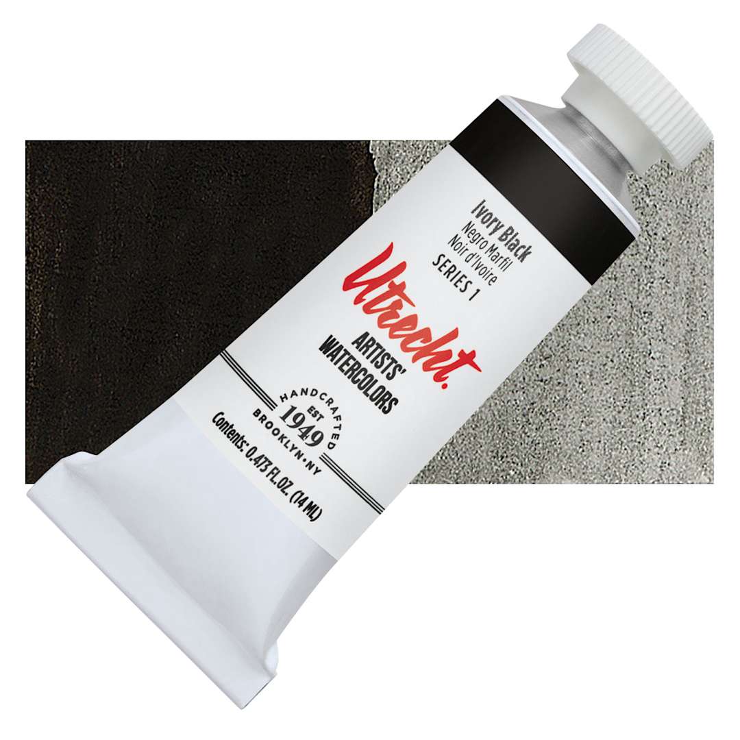 Open in modal - Utrecht Artists' Watercolor Paint - Ivory Black, 14 ml tube and swatch