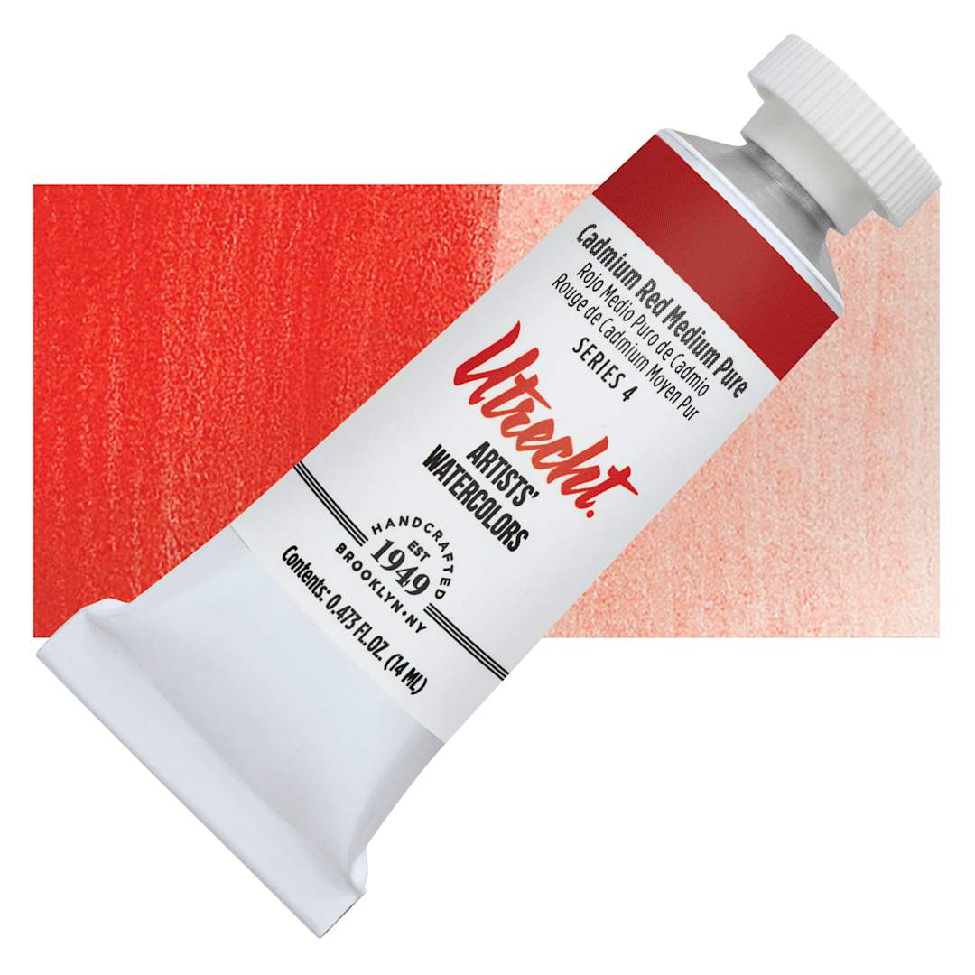 Open in modal - Utrecht Artists' Watercolor Paint - Cadmium Red Medium, 14 ml tube and swatch