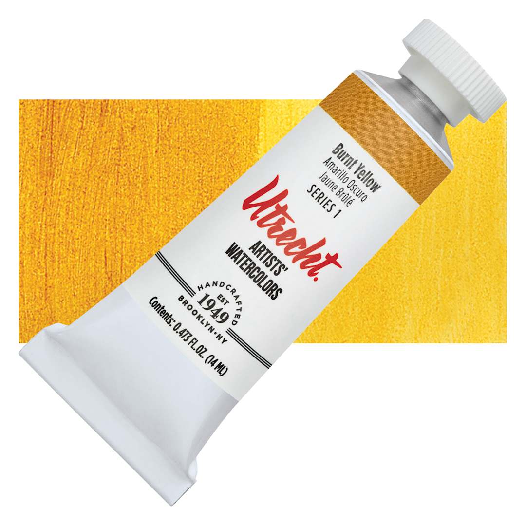 Open in modal - Utrecht Artists' Watercolor Paint - Burnt Yellow, 14 ml tube and swatch