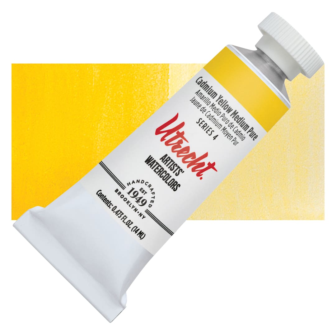 Open in modal - Utrecht Artists' Watercolor Paint - Cadmium Yellow Medium, 14 ml tube and swatch