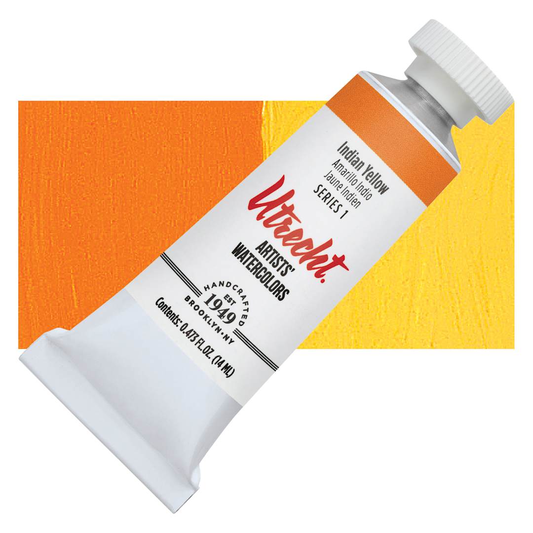 Open in modal - Utrecht Artists' Watercolor Paint - Indian Yellow, 14 ml tube and swatch