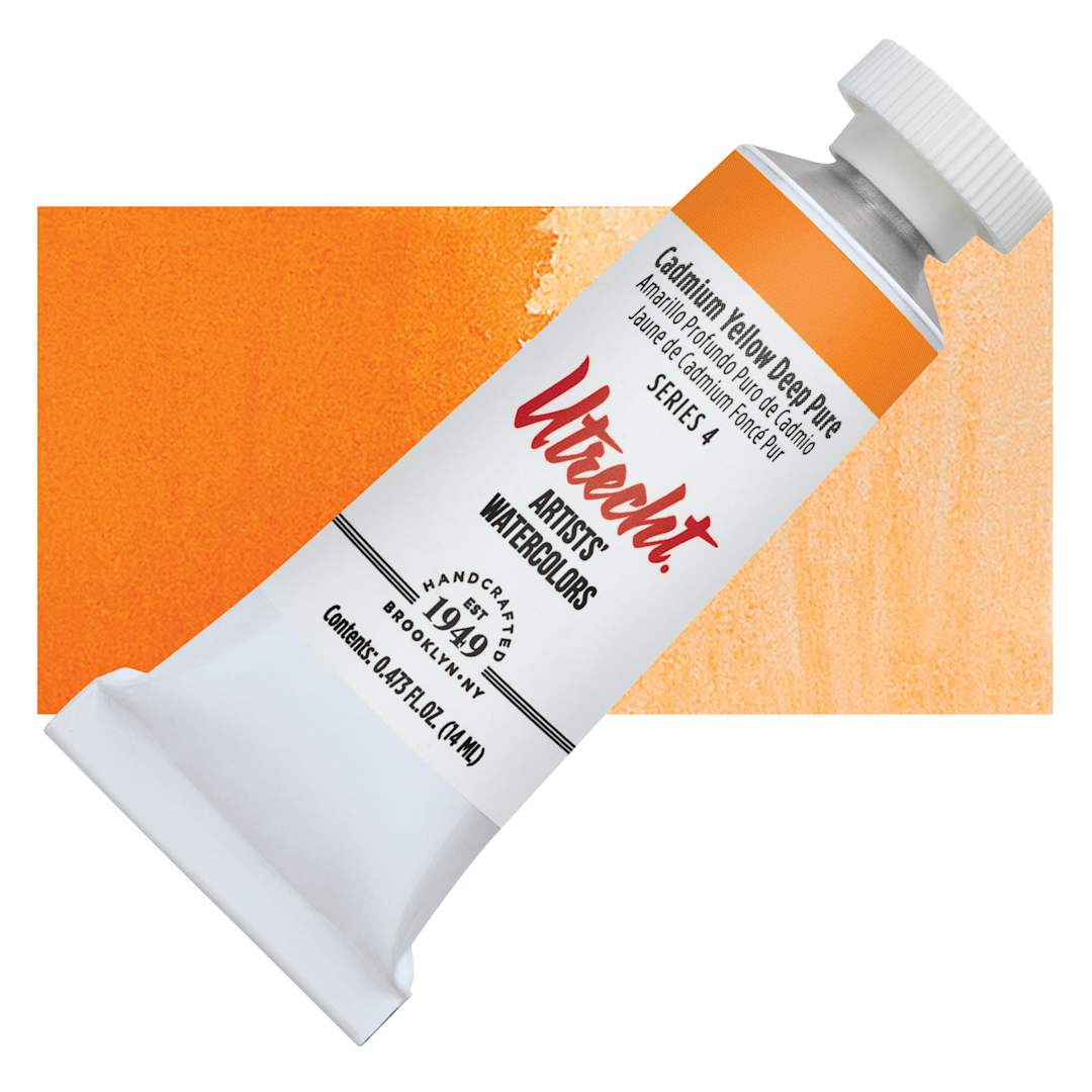 Open in modal - Utrecht Artists' Watercolor Paint - Cadmium Yellow Deep, 14 ml tube and swatch