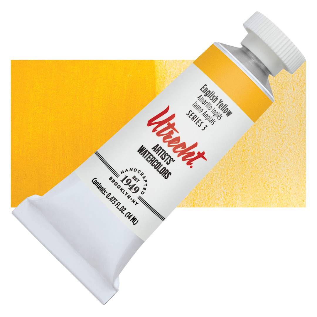 Open in modal - Utrecht Artists' Watercolor Paint - English Yellow, 14 ml, Tube and swatch